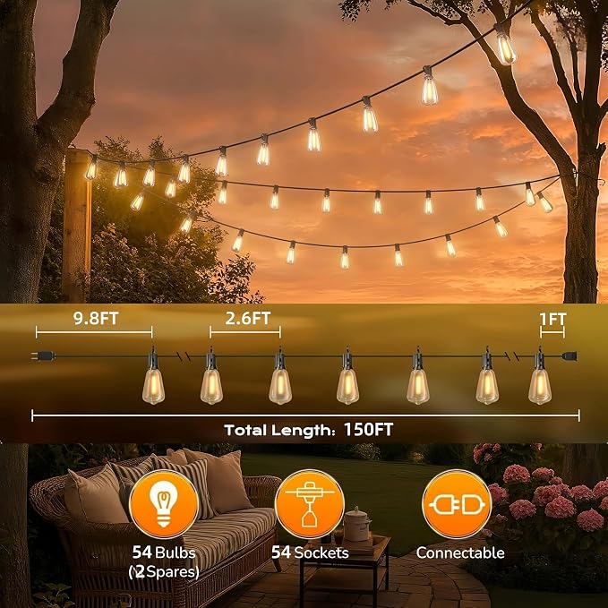 GPATIO Outdoor String Lights, 150FT ST38 Bulbs Shatterproof Patio Lights, Waterproof Dimmable Outside Hanging Light, Connectable LED Outdoor Lights for Backyard, Porch, Party, Garden, Home Decor