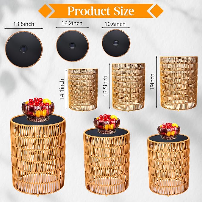 3 Pack Solar Outdoor Side Table with Integrated Glow Lights Set, Poolside Side End Table Waterproof Rattan Nesting Accent Table for Patio, Poolside, Backyard, Porch, Garden, Balcony Indoor Outdoor Use