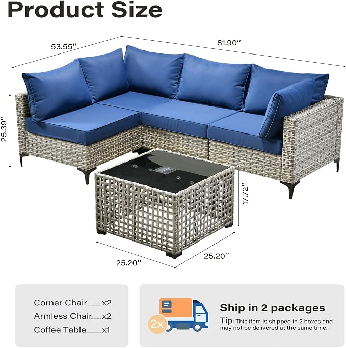5 Pieces Patio Furniture Set with Solar Light Coffee Table, All-Weather Wicker Outdoor Sectional Conversation Sets L Shaped Sofas for Outside Porch Balcony Backyard Navy Blue