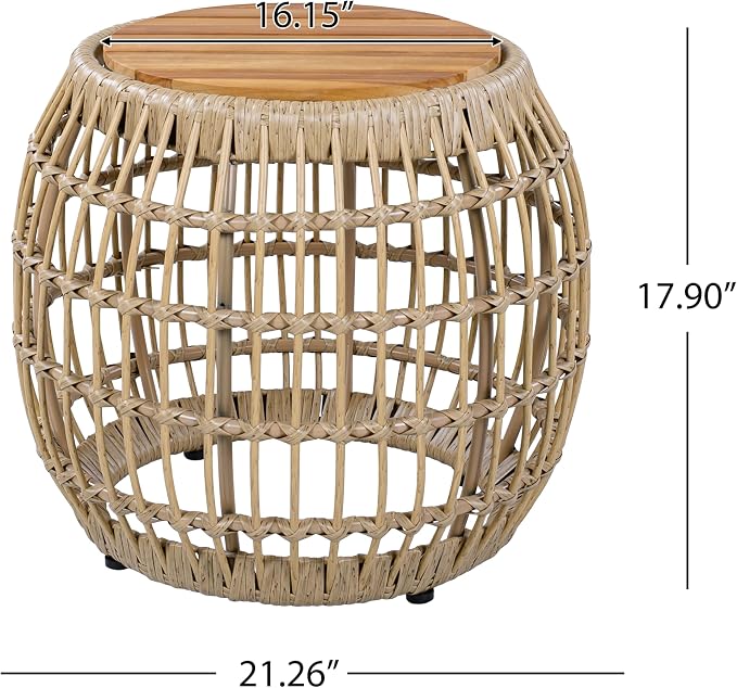 Christopher Knight Home Thalton Outdoor Side Table with Faux Wicker, Acacia Wood End Table, Round Patio Side Table, Accent Table for Garden Balcony Poolside and Indoor Use, Garden Stool, Light Brown