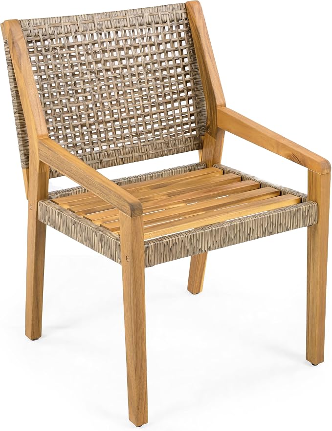 Christopher Knight Home Verle Wooden Patio Dining Set for 4, Acacia Wood Outdoor Dining Table Set for 4, 5 Piece Outdoor Dining Set with Round Table and Armchair with Seat Cushion, Teak+Grey