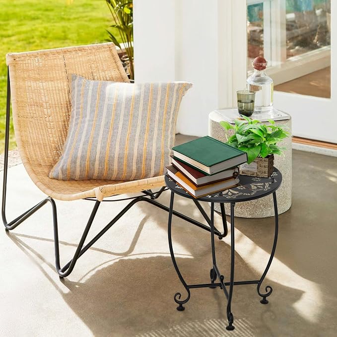 2 Pack Small Outdoor Side Tables for Patio, 14 Inch Metal Patio Side Table, Weather Resistant Steel Outdoor Round End Table for Patio Porch Garden Yard Balcony, Black (Flower)