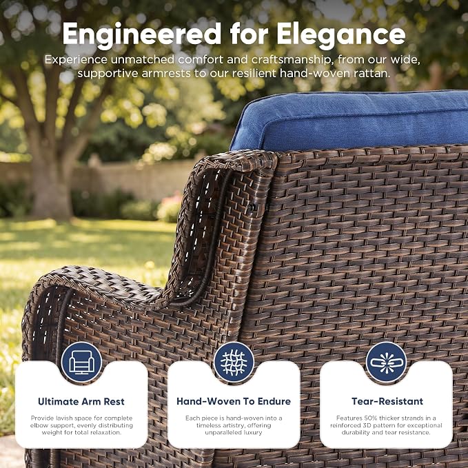 Belord 3-Piece PE Wicker Outdoor Sofa with 2 Ottomans, Luxury Patio Couch Convertible to Chaise Lounge, All-Weather High Back Deep Seat Woven Furniture for Deck, Porch - Brown/Blue