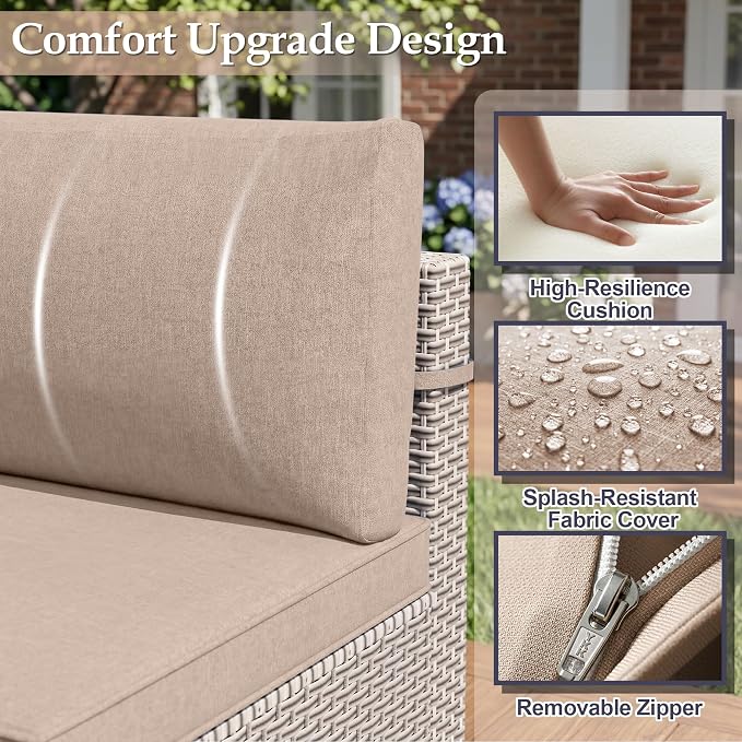 Patio Furniture Set, 7-Piece Outdoor Sectional Sofa with 2-Layer Glass Coffee Table, Wicker Patio Conversation Set with Khaki Cushions for Backyard, Poolside, Porch