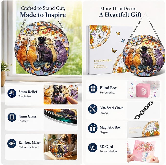 Deluxe Bundle | Stained Glass Window Hanging, Five Cats 3D Embossed Diamond Glass Suncatcher, 7-Piece Cat Lover Gift Set with Crystal Pendant & Invisible Hooks