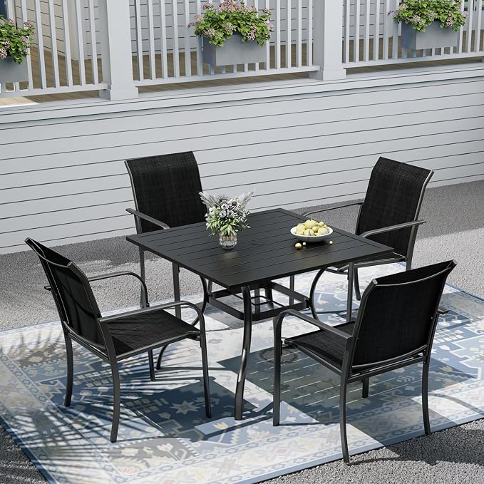 Outdoor Patio Furniture Set,4 Piece Stackable Patio Chairs and 35" Steel Dining Table with 1.6" Umbrella Hole,Suitable for All-Weather