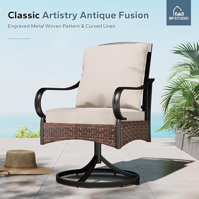 MFSTUDIO Patio Table and Chairs Set of 6, Patio Dining Set with Umbrella, Outdoor Dining Set for 4, Round Metal Dining Table with Swivel Chairs, 6 Pieces Outdoor Furniture Set for 4 with Umbrella