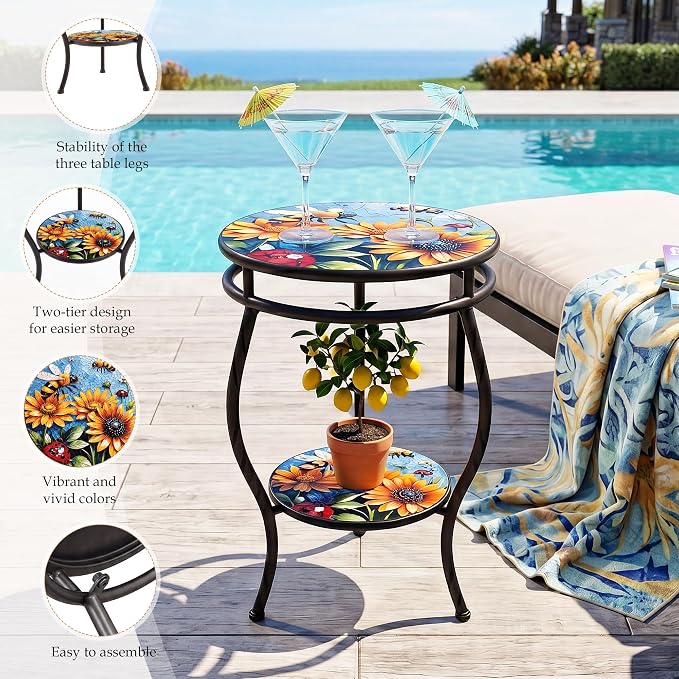 Outdoor Side Table Round with Storage 2-Tier Patio Small Outdoor Table Weather Resistant for Outside Balcony Porch Garden
