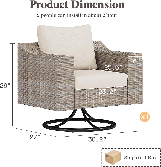 LUXOAK Outdoor Glider Rocking Chair, Wicker 360° Swivel Patio Chairs with 6" Wide Armrests, All-Weather PE Rattan Single Sofa Seat with Thick Cushions, for Porch/Deck/Garden/Backyard