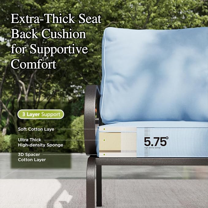 Sophia & William Patio Conversation Set for 7, a Loveseat, 3-Seater Sofa, 2 Swivel Chairs and a Coffee Table, Metal Outdoor Furniture with 5.75" Extra Thick Cushions, Blue