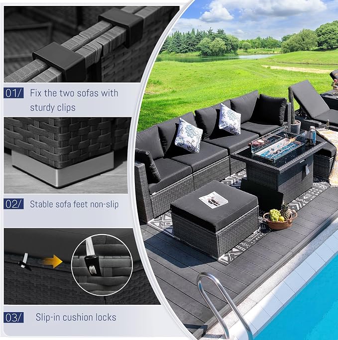 BULEXYARD 11 Piece Large High Back Grey Rattan Patio Furniture Sets with Firepit and Loungers, Comfortable Extra Deep Wide Seat Outdoor Sectional Conversation Couch Sofa Modualr All-Weather, Dark Gray