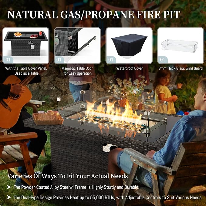 RADIATA 9 Piece Wicker Patio Furniture Set with Fire Pit, All-Weather Outdoor Sectional Couch High Back Large Size, Modular Backyard Seating Sofa Set with Propane/Natural Gas Firepit Table, Grey&Teal