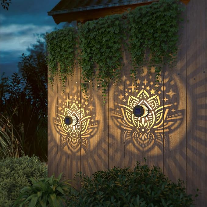 gardencave 4 Pack Solar Fence Lights Metal Solar Powered Outdoor Wall Deck Lights Lotus Theme Waterproof Fence Light for Garden Post Patio Backyard Yard Decor (Lotus, 4 Pack)