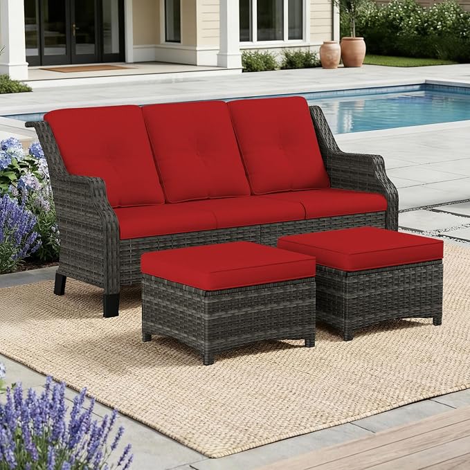 3 Pieces Patio Furniture Set, Outdoor Furniture Set with 1 Wicker Sofa, 2 PE Rattan Ottoman, Thick Cushions, Ideal for Backyard, Garden, Poolside, Red
