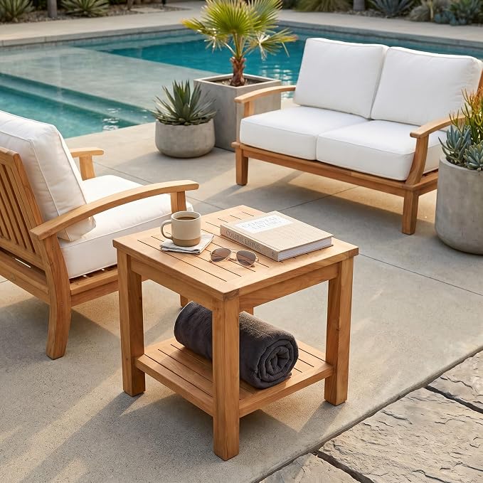 Hives & Honey Pavilion Outdoor Teak Side Table, Square 2-Tier Patio Table, Solid Grade-A Teak Wood for Deck, Porch, Balcony – Natural