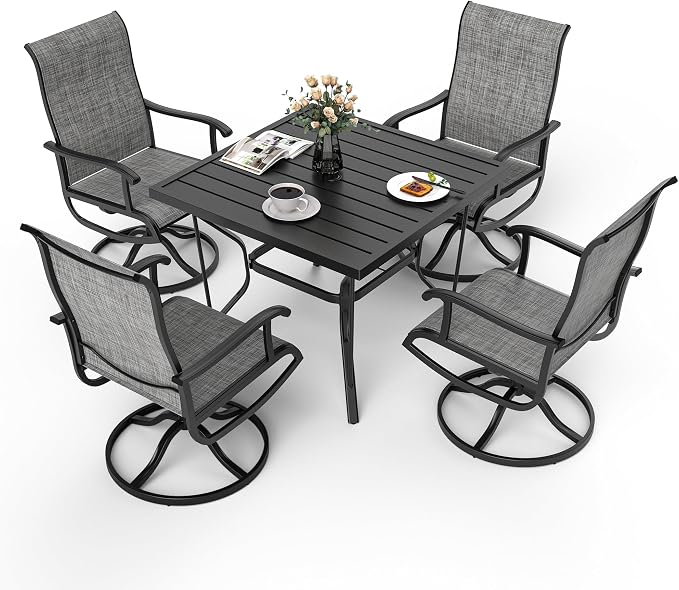 Pamapic 5-Piece Patio Dining Set, Outdoor Dining Set for 4, All-Weather Outdoor Table and Chairs with Textilene 360° Swivel Chairs for Garden, Backyard, Poolside and Deck，Gray