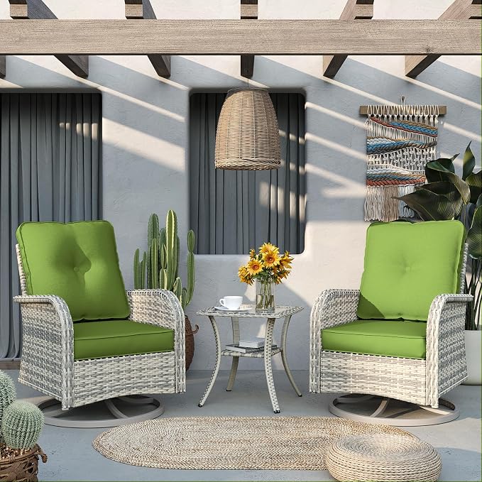 10Pcs Patio Rocking Swivel Chair with 55,000 BTU Fire Pit Table Outdoor Wicker Rattan Bistro Set with Tempered Glass Side Table, Patio Furniture Set for Garden and Balcony, Avocado Green