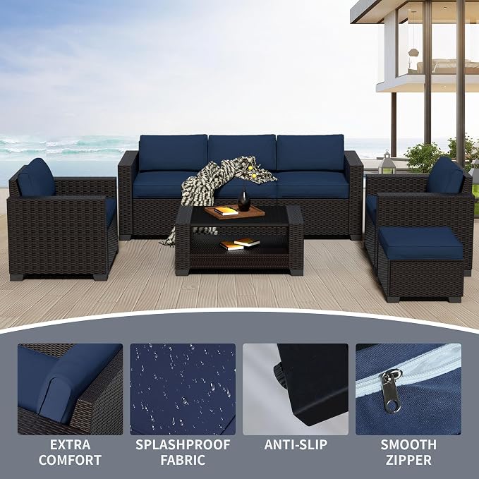 YLGJ&TIDY 7 PCS Outdoor Patio Wicker Furniture Set Sofa with Coffee Table | All Weather Rattan Woven Patio Conversation Set with Dark Blue Thicken Cushion and Tempered Glass Table for Garden Backyard
