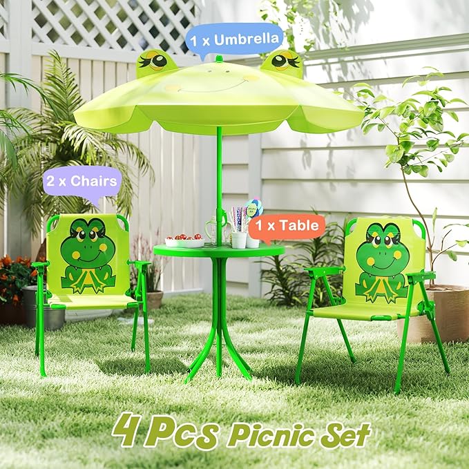 KOTEK Kids Picnic Table with Umbrella, Outdoor Table & 2 Folding Chairs, Cute Pattern Children’s Patio Furniture, Portable Kids Table and Chair Set for Backyard, Garden, Beach (Bright Green)