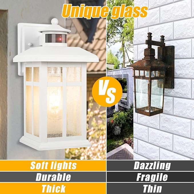Brilvibera Dawn to Dusk Motion Sensor Exterior Wall Light Fixtures | Exterior Wall Mount with E26 Sockets & Tempered Glass, Waterproof Outdoor & Indoor Lights for House, Porch, Garage, White