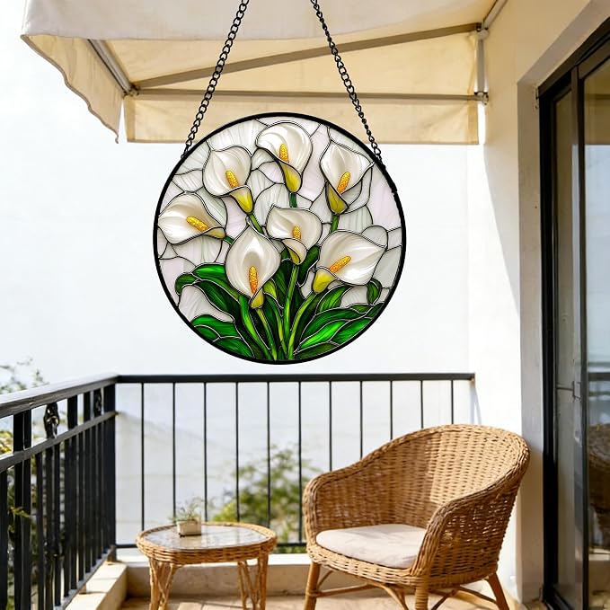DASTOLL Stained Glass Window Hanging, White Calla Lily Suncatcher Diamond Glass Panel Hangings Flowers Sun Catchers Decor for Birthday for Women, Men, Wife, Aunt, and Mom 6.3 in
