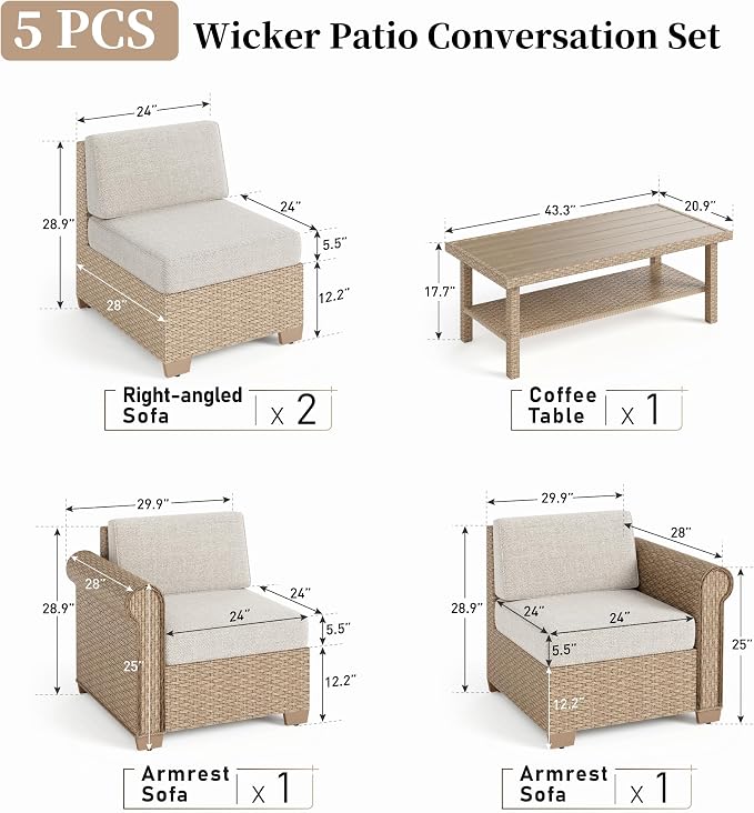 SUNSHINE VALLEY Patio Furniture Set, Sectional Wicker Outdoor Furniture with Fire Pit Table, 5.5" Thick Waterproof Cushion Modular Conversation 5 Pieces Sofa Set for Garden Deck Backyard, Beige