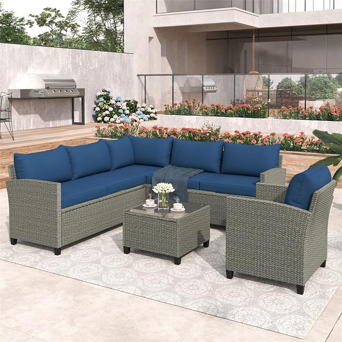 Outdoor Patio Furniture Set, 5 Piece Conversation Set, Wicker Furniture, Sofa Set, Rattan Chairs, Garden, Backyard, Balcony, Porch, Loveseat by PIS