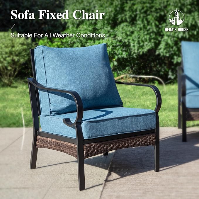 HERA'S HOUSE 4 Piece Metal Patio Furniture Set, All Weather Outdoor Conversation Set with 3 Seat Sofa, 2 x Cushioned Fixed Chair & Coffee Table, Seats 5 for Backyard, Garden, Deck, Navy Blue