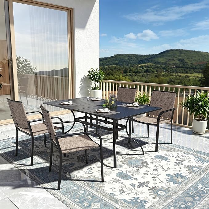 Patio Dining Set of 5 with Beige Grey Stackable Chairs, 63" Rectangle Table | Stackable Chairs, Metal Rectangle Table, Slat Table Top, 4 or 6 Person Use, All Weather, Textilene fabric Seat and Back