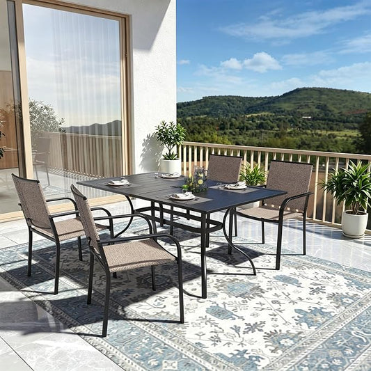 Patio Dining Set of 5 with Beige Grey Stackable Chairs, 63" Rectangle Table | Stackable Chairs, Metal Rectangle Table, Slat Table Top, 4 or 6 Person Use, All Weather, Textilene fabric Seat and Back