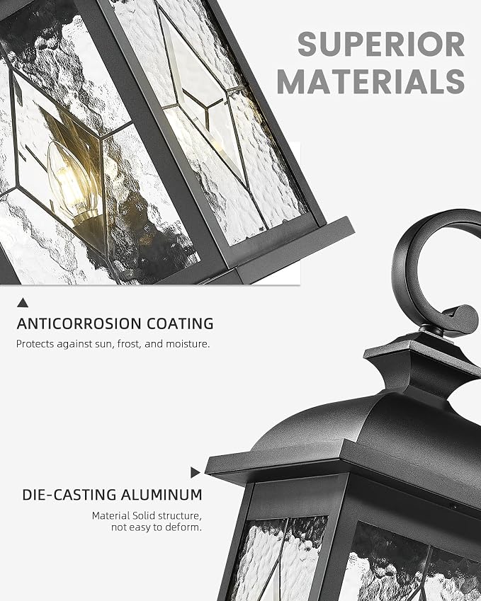 FEMILA Dusk to Dawn Outdoor Front Porch Light, 15" Exterior Waterproof Wall Light Fixtures, Matte Black Finish with Hammered Glass, E26 Socket, 4FD54B-PC BK-SD