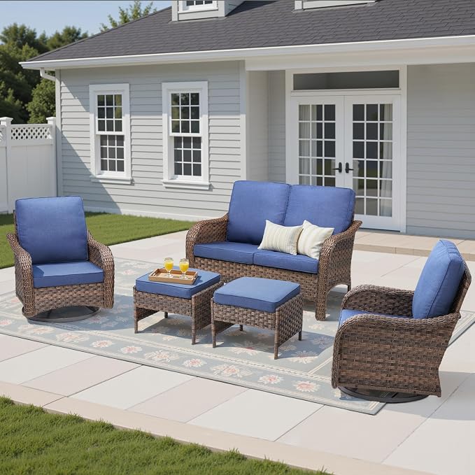 5 PCS Patio Furniture Set, Outdoor Wicker Loveseat & 2 Swivel Rocking Chairs with 2 Ottomans, 4-Inch Thick Olefin Cushions, 300 lbs Capacity Rattan Conversation Set for Porch, Backyard, Blue