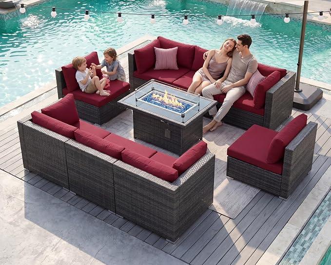 BULEXYARD 9 Piece High Back Outdoor Sectional Seating with Fire Pit Table, Heavy Duty Sturdy Wicker Patio Set Conversation Couch Sofa, Extra Wide Deep Large 8-Person Deck Furniture Set, Grey & Red