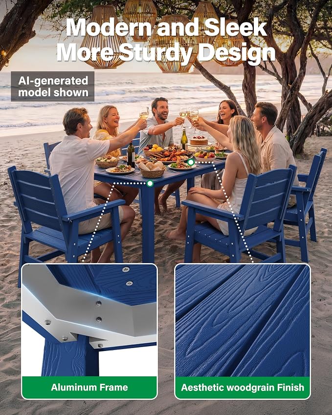 YEFU Outdoor Patio Table HIPS: 67" Rectangle Outdoor Dining Table with Umbrella Hole & Metal Aluminum Frame - All-Weather Patio Dining Table for 6 Person Modern Outside Furniture for Deck Garden Blue