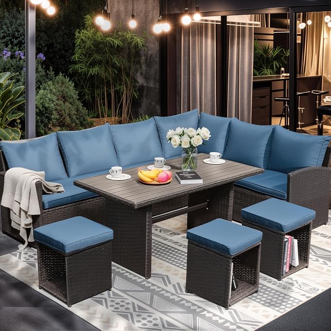 JOIVI Patio Furniture Set, 7 Piece Patio Dining Sofa Set, Outdoor Sectional Sofa Conversation Set All Weather Wicker Rattan Couch Dining Table & Chair with Ottoman, Aegean Blue