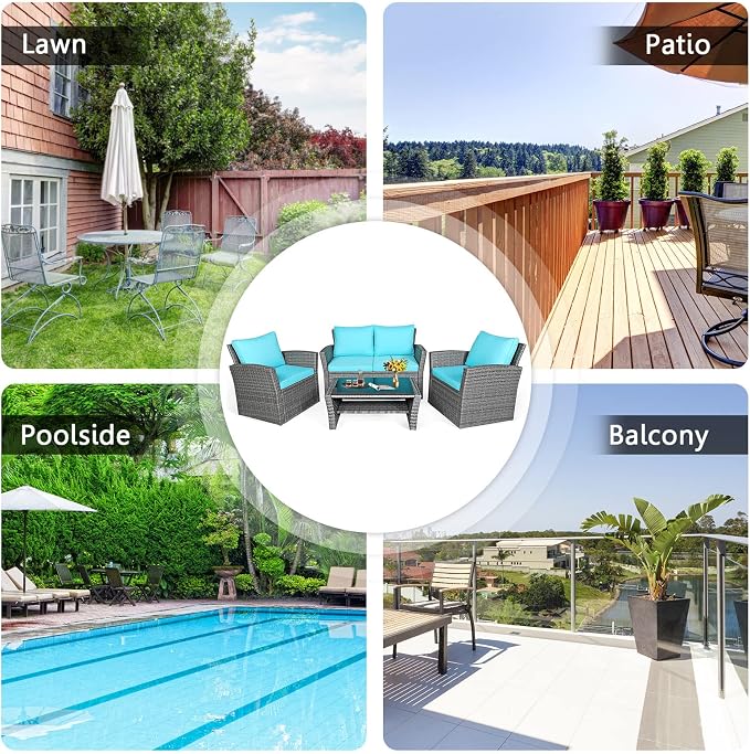 RELAX4LIFE 4-Piece Patio Conversation Seat - Wicker Sofa Set w/Seat & Back Cushions, Coffee Table w/Tempered Glass Tabletop, Outdoor Rattan Sofa Set for Backyard, Porch (Turquoise)