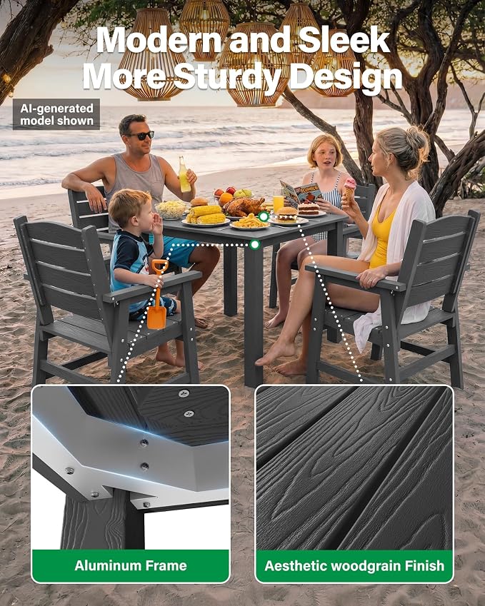 YEFU Outdoor Patio Table HIPS: Square Wood Grain Waterproof Easy-Clean All-Weather Patio Dining Table - Rust-Resistant Modern Outdoor Dining Table for Backyard Garden Deck Poolside（Grey）