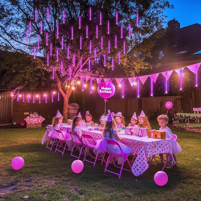 JMEXSUSS Pink Solar Meteor Shower Lights Outdoor, 8 Tube 144 LEDs | Solar Christmas Lights for Tree Eave Holiday Party Patio House Wedding Valentine's Day Decor