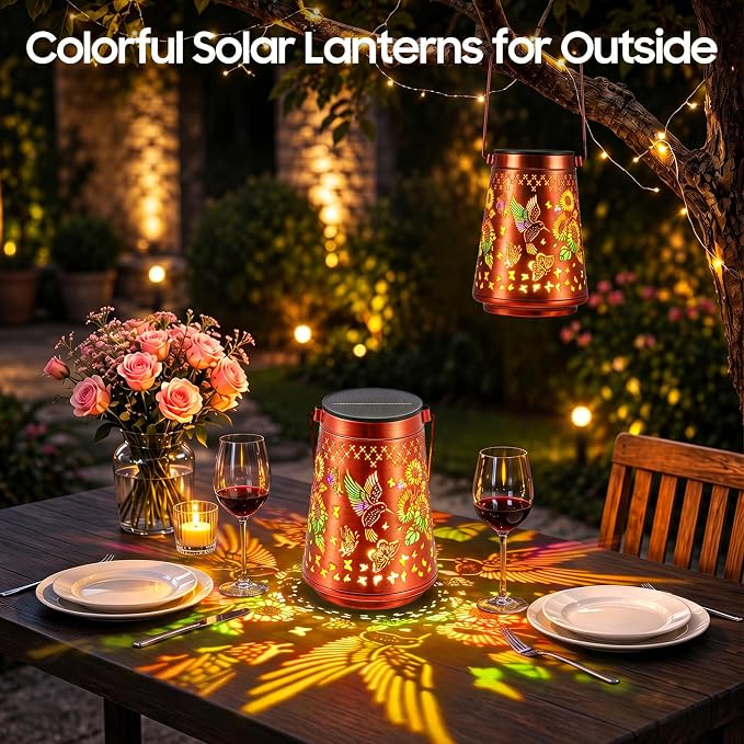 4 Pack Solar Lanterns Outdoor Waterproof Birthday Gifts for Women Mom | Colorful Hollow Metal Sunflowers Butterflies Hummingbirds Lantern, 2 Modes Hanging Solar Lights for Gardens, Patios Decor