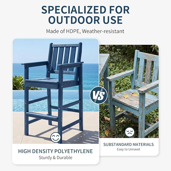 Adirondack Chairs Set of 4, All Weather HDPE Counter Height Bar Chair with Wide Armrests & Footrest, Heavy-Duty Outdoor Bar Height Barstools Set for Patio, Balcony, Pool, Backyard, Blue
