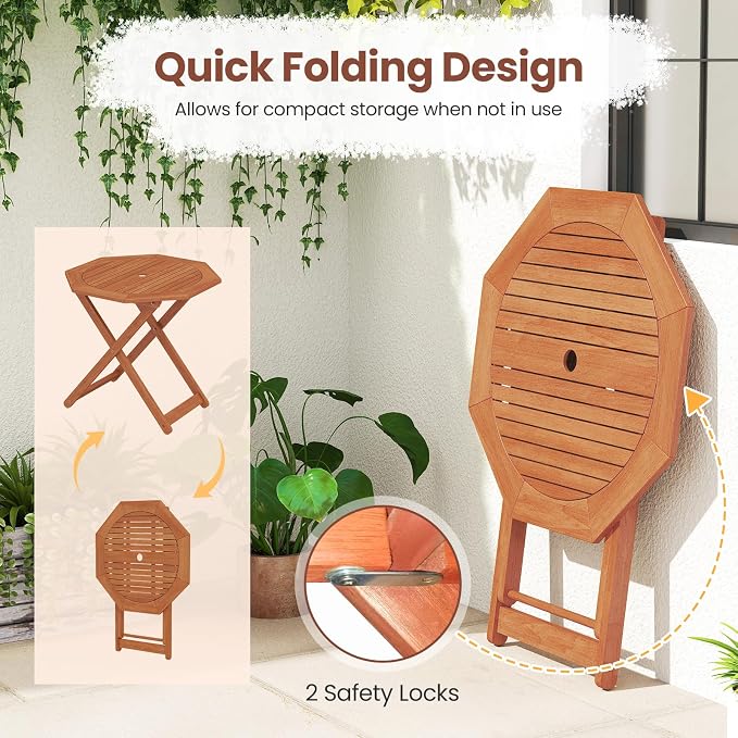 Tangkula 32-Inch Octagon Folding Outdoor Dining Table, Wood Patio Bistro Table with 2" Umbrella Hole and Slatted Tabletop, Outside Table for Garden, Yard, Porch, Teak Oil Finish, No Assembly Required