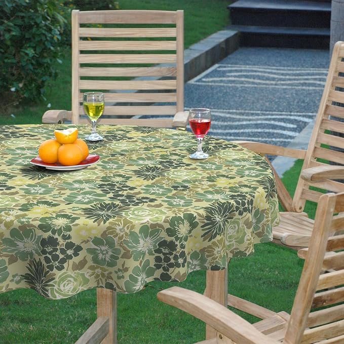 DYTXIII Outdoor Round Tablecloth with Umbrella Hole 60 Inch, Water Repellent & Fade Resistant Table Cover, All Weather Outdoor Tablecloth for Garden & Party Table, Green Rose