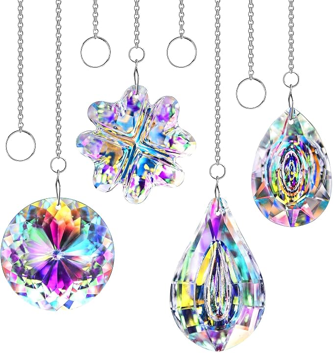 4pcs Crystal Suncatchers for Window Hanging Sun Catcher Indoor RainbowMaker | Hanging Crystals Suncatcher for Home Garden Decor Lamp Chandelier Prism Gift For Women Light Catcher Glass Christmas Ornament