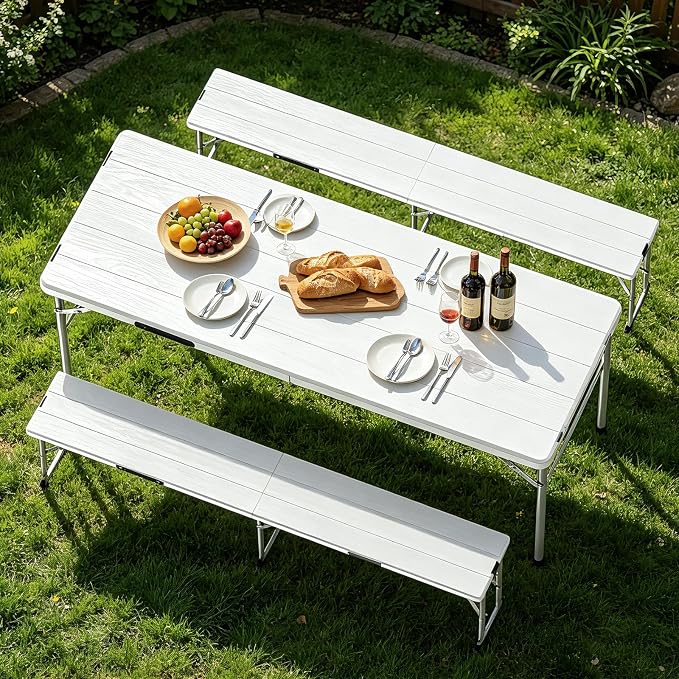 Picnic Table and Chairs Set, 6 Feet Foldable Camping Table with 2 Benches, 3-Piece Portable Folding Furniture with Wood Grain for Patio, Weddings, Party or School Use, White