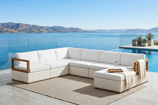 PURPLE LEAF Patio Outdoor Furniture Set 7 Pieces, Premium Leather Outdoor Couch Sectional Sofa, L-Shaped Patio Conversation Sets with Olefin Cushions, Patio Couch for Porch, Balcony, Garden, White