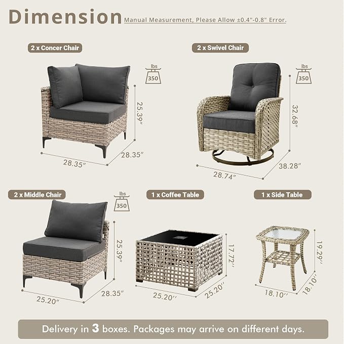 8 Pieces Patio Sectional Furniture Set, Outdoor Wicker Sectional Couch with High Back Swivel Rocker Chairs Solar Lights Table, Modern Conversation Set for Porch Balcony Backyard, Black