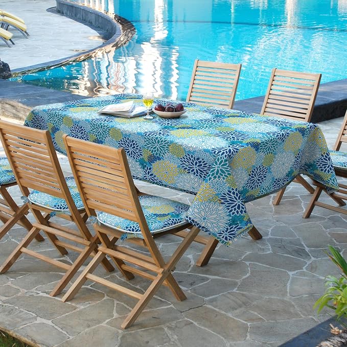DYTXIII Outdoor Rectangle Tablecloth with Umbrella Hole and Zipper 84" x 60", Water Repellent Floral Picnic Cover, Fade & Wrinkle Resistant Tablecloth for Patio/Garden/Party Table, Dahlia Blue