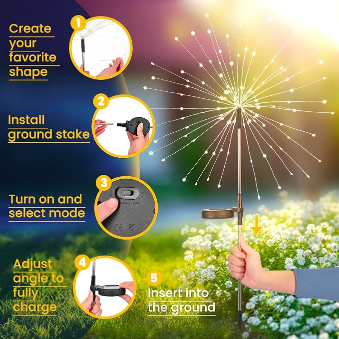 GIGALUMI 2 Pack Solar Firework Lights Outdoor, Garden Decor, Multicolored | 120 LEDs, Fairy Design, Waterproof, Garden Decor, Solar Powered for Yard, Pathway, Flowerbed, Planter, Balcony, Gifts for Mom