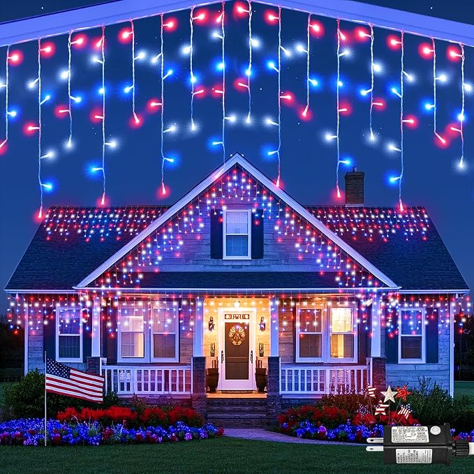 Red White and Blue Icicle Lights for Outside – 33ft 400LED Outdoor Waterproof Christmas Lights, 4th of July Decorations Independence Day Patriotic Lights with 75 Drops for House Roof Window Fence