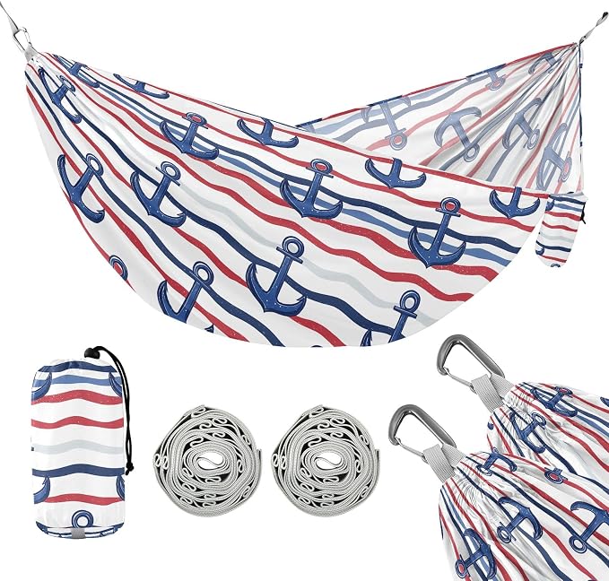 Camping Hammock Outdoor Hammocks for Outside Marine Stripe Beach Trees Portable Lightweight with Pockets Tree Straps Indoor